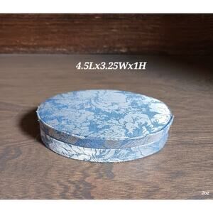 Vintage Blue Floral Fabric Covered Trinket Storage Sewing Oval Box W/Lid Small